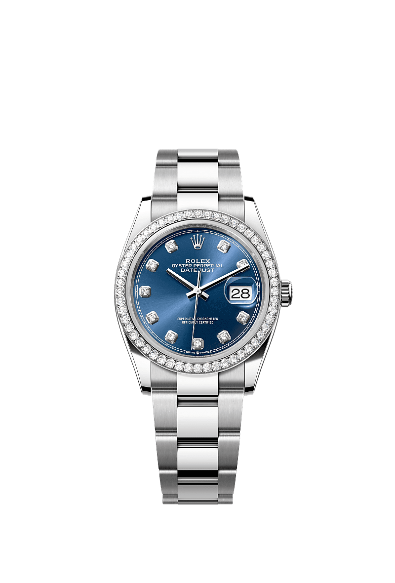 Datejust 36, Oyster, 36 mm, stal Oystersteel, białe złoto i brylanty, Tarcza : Intensywnie niebieska, wysadzana brylantami, Rolex