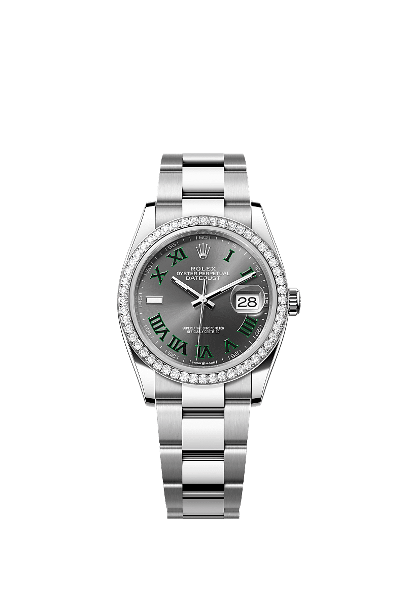 Datejust 36, Oyster, 36 мм, сталь Oystersteel, белое золото и бриллианты, Циферблат : Темно-серый, Rolex