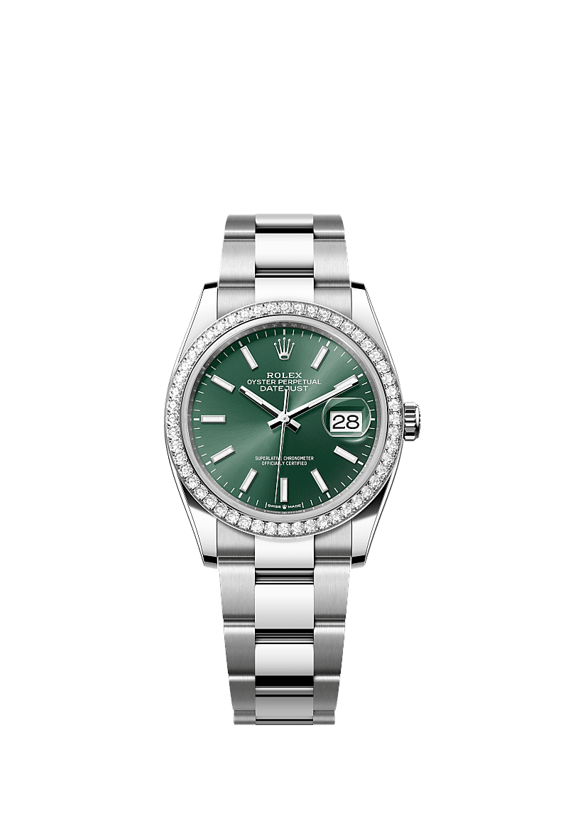 Datejust 36, 蠔式,36毫米,鑽石、白色黃金及蠔式鋼, 錶面 : 薄荷綠色, Rolex