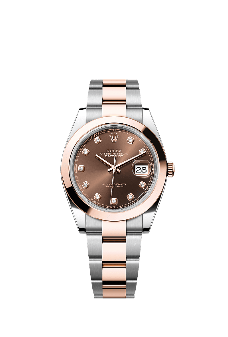Datejust 41, Oyster, 41 mm, Oystersteel dan emas Everose, Permukaan : Coklat bertatahkan berlian, Rolex