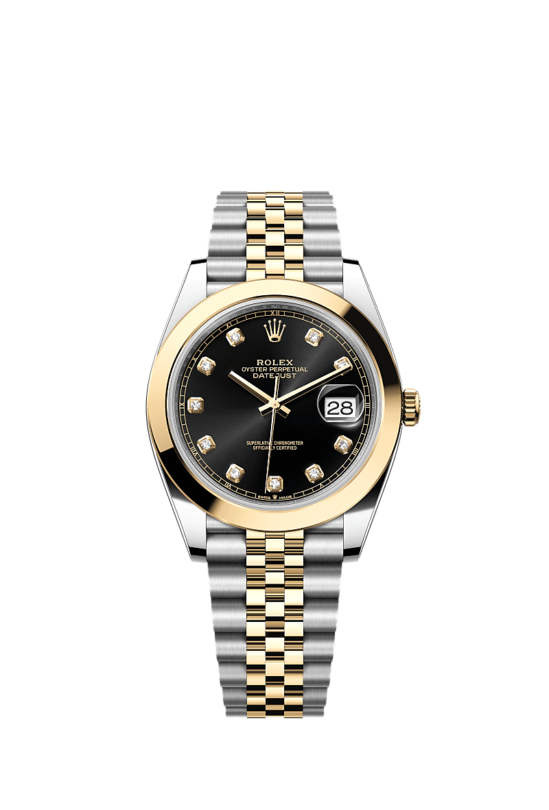 Datejust 41, Oyster, 41 mm, Oystersteel en geelgoud, Wijzerplaat : Helderzwart, bezet met diamanten, Rolex