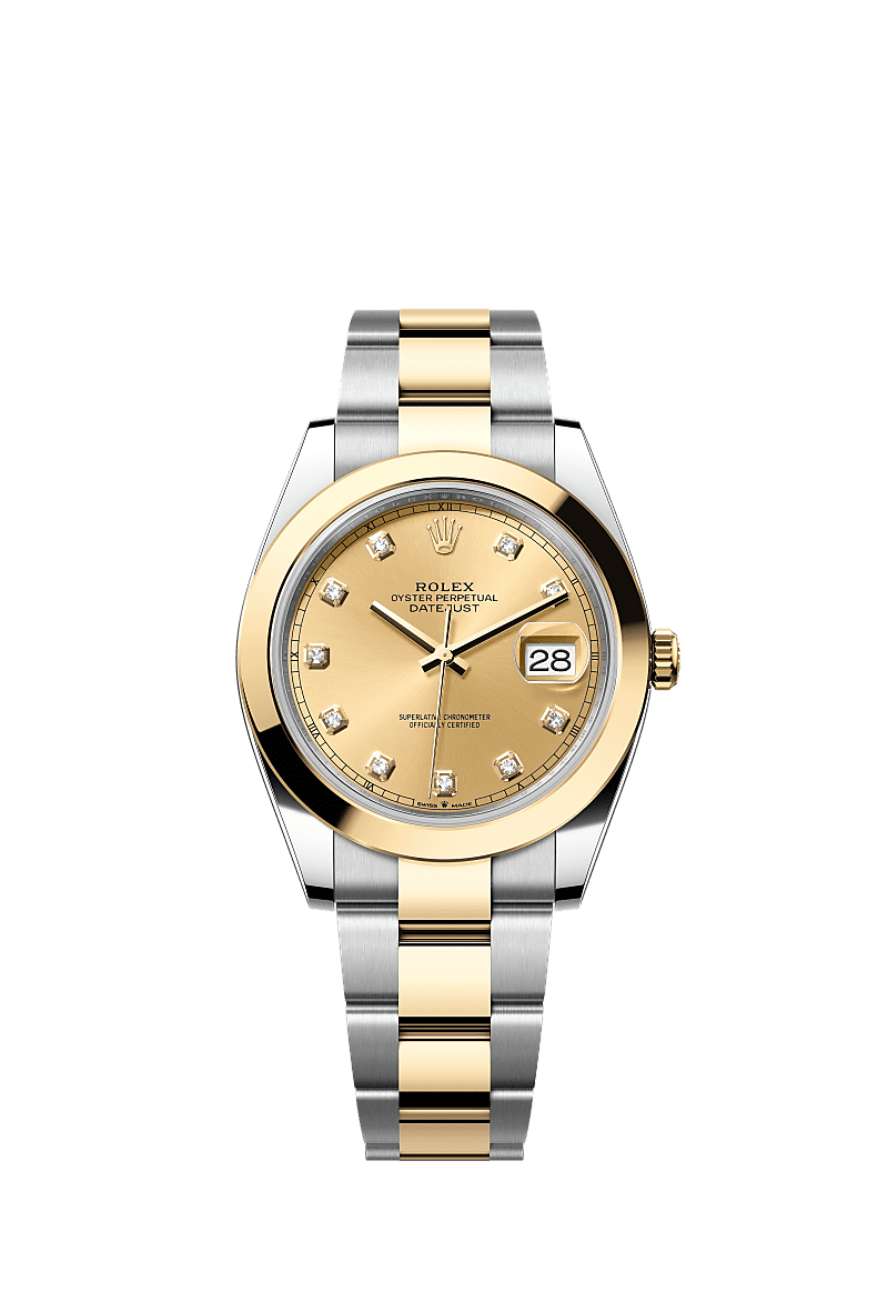 Datejust 41, Oyster, 41 mm, acier Oystersteel et or jaune, Cadran : Couleur champagne, serti de diamants, Rolex