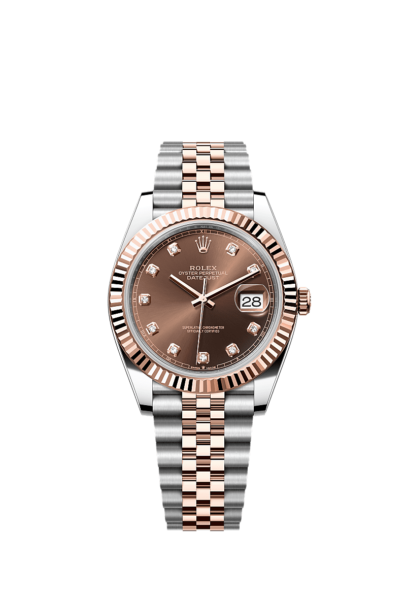 Datejust 41, Oyster, 41 mm, acier Oystersteel et or Everose, Cadran : Chocolat, serti de diamants, Rolex