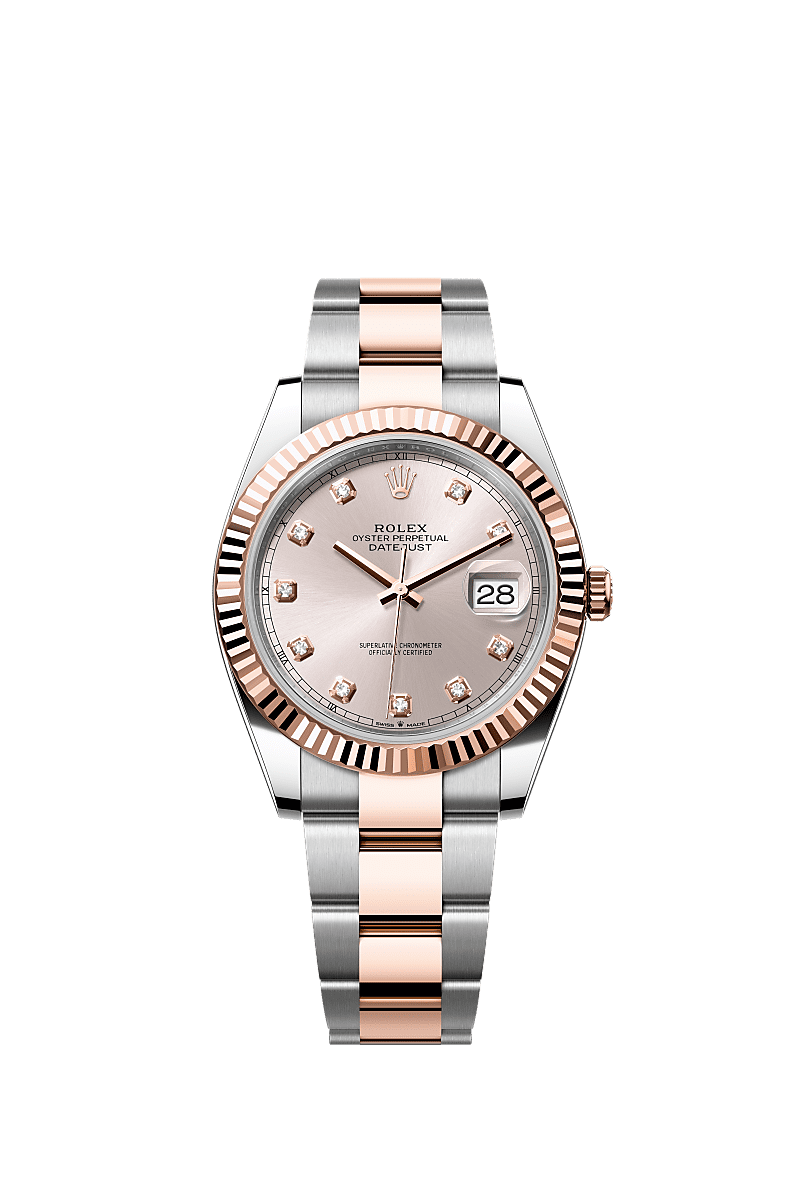 Datejust 41, Oyster, 41 mm, Oystersteel dan emas Everose, Dial : Tampilan Sundust dengan berlian, Rolex