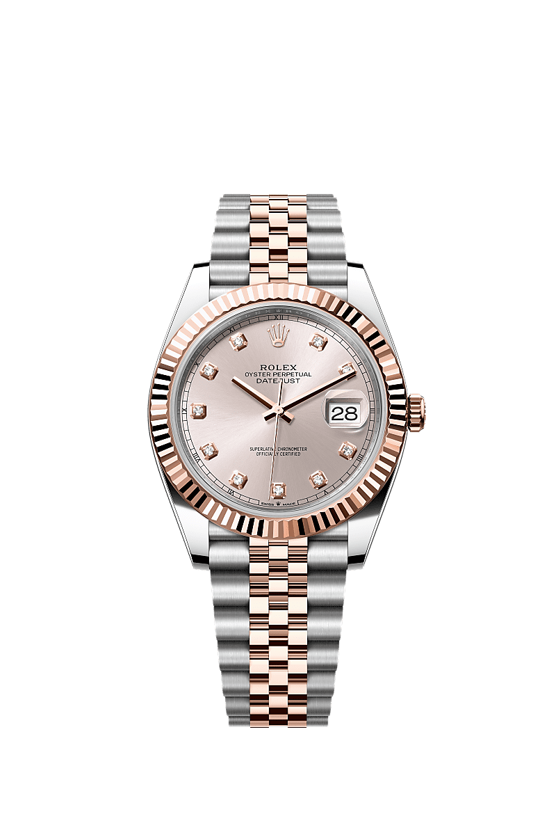 Datejust 41, Oyster, 41 mm, Oystersteel en Everose-goud, Wijzerplaat : Sundust bezet met diamanten, Rolex