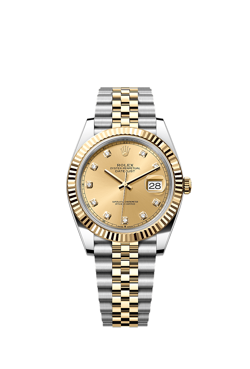 Datejust 41, Oyster, 41 mm, Edelstahl Oystersteel und Gelbgold, Zifferblatt : Champagnerfarben mit Diamanten, Rolex