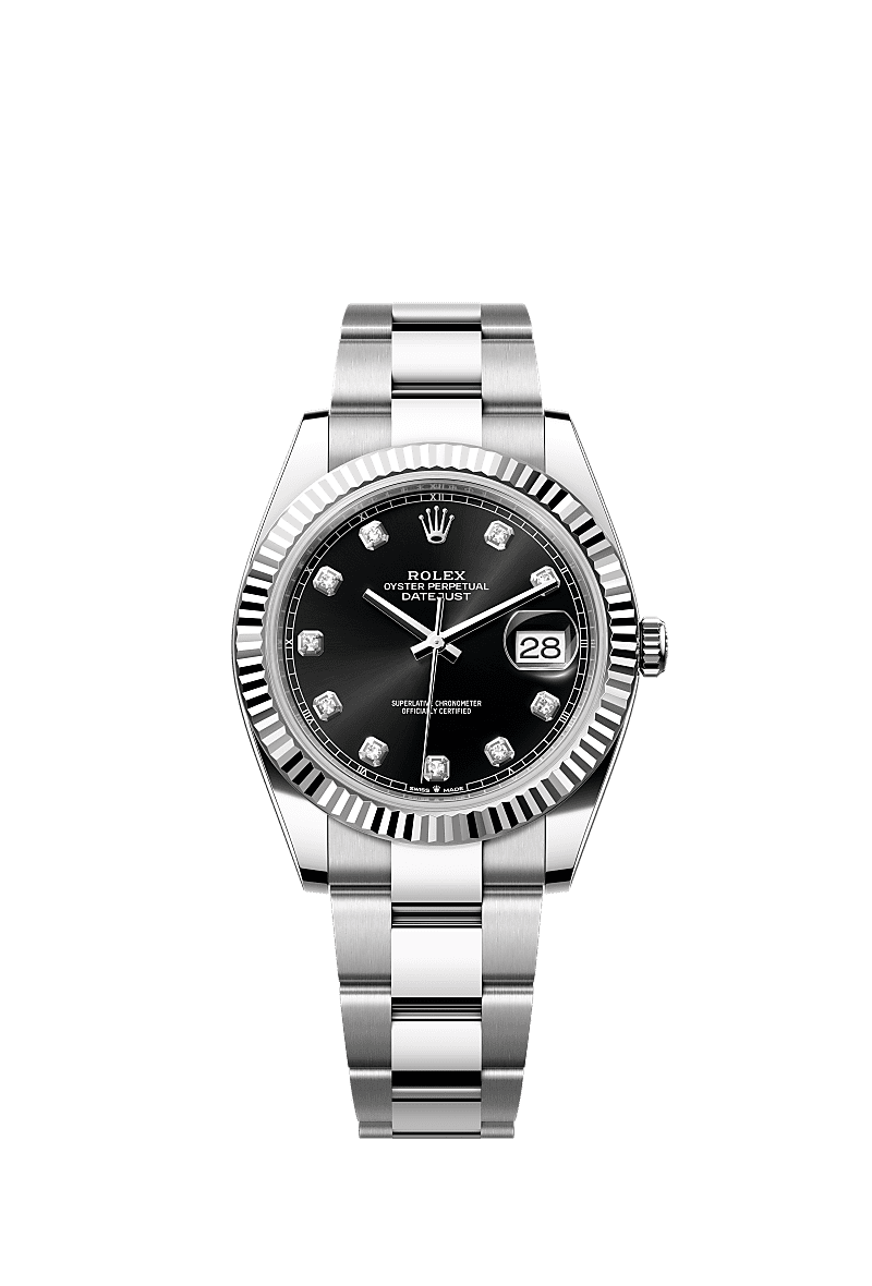 デイトジャスト 41, オイスター、41 mm、オイスタースチール&ホワイトゴールド, ダイアル : ダイヤモンド入りブライトブラック, Rolex