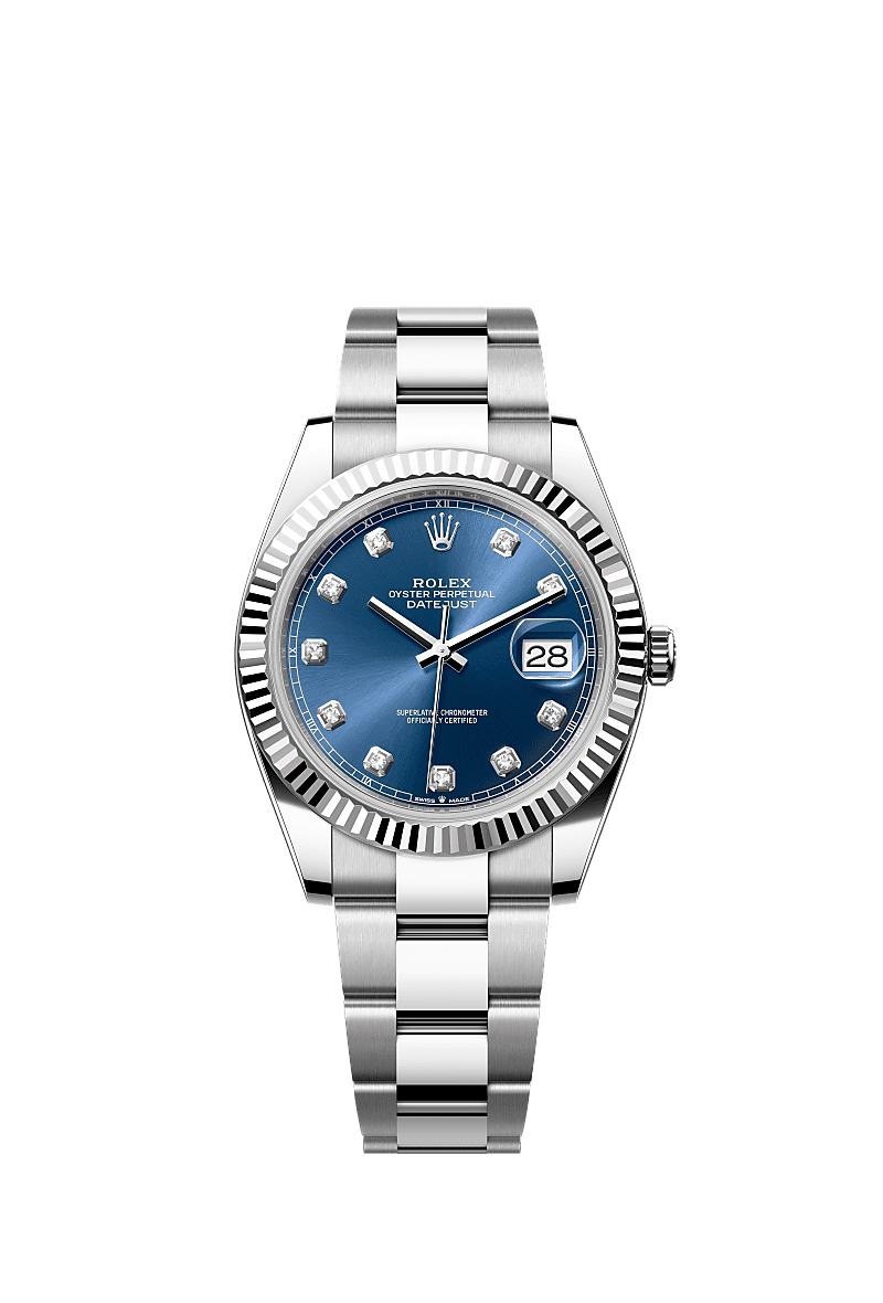 Datejust 41, Oyster, 41 mm, stal Oystersteel i białe złoto, Tarcza : Intensywnie niebieska, wysadzana brylantami, Rolex