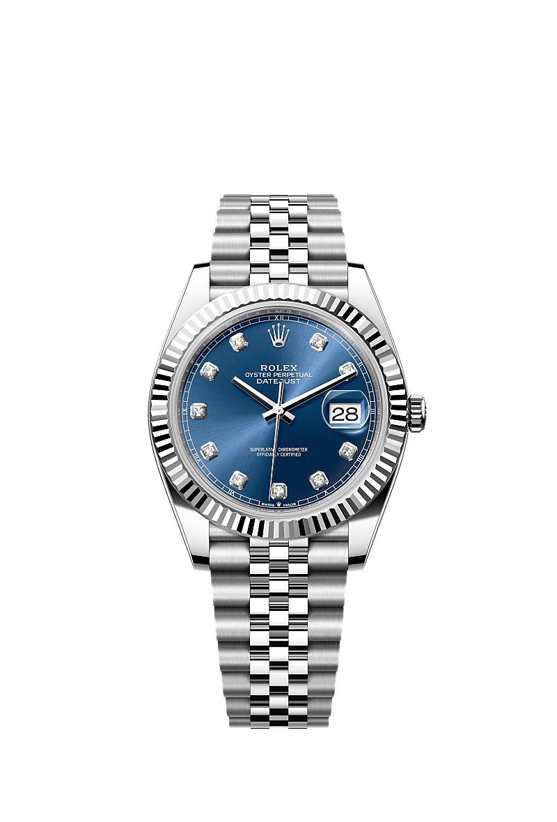 Datejust 41, Oyster, 41 mm, Oystersteel en witgoud, Wijzerplaat : Helderblauw, bezet met diamanten, Rolex