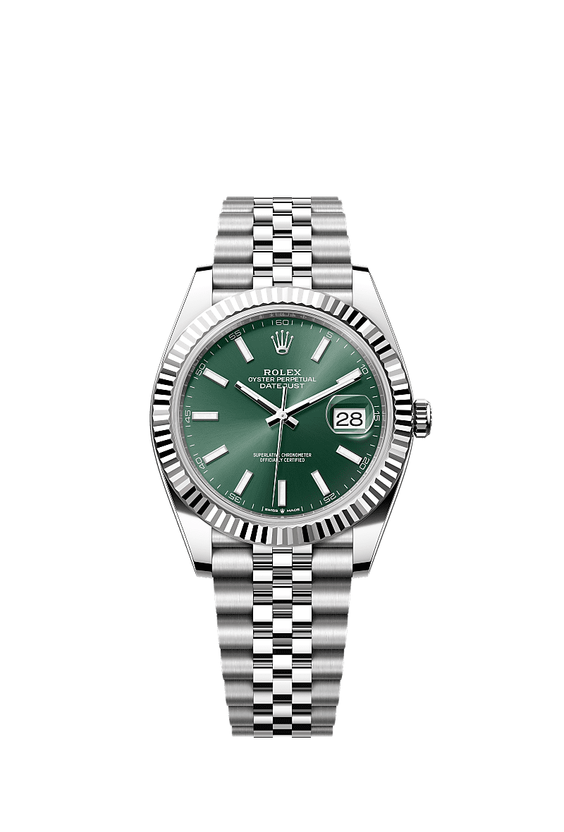 Datejust 41, Oyster, 41 mm, Oystersteel en witgoud, Wijzerplaat : Mintgroen, Rolex