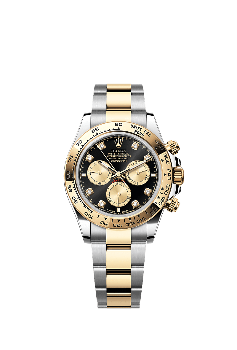 コスモグラフ デイトナ, オイスター、40 mm、オイスタースチール&イエローゴールド, ダイアル : ダイヤモンド入りブライトブラック&ゴールデン, Rolex