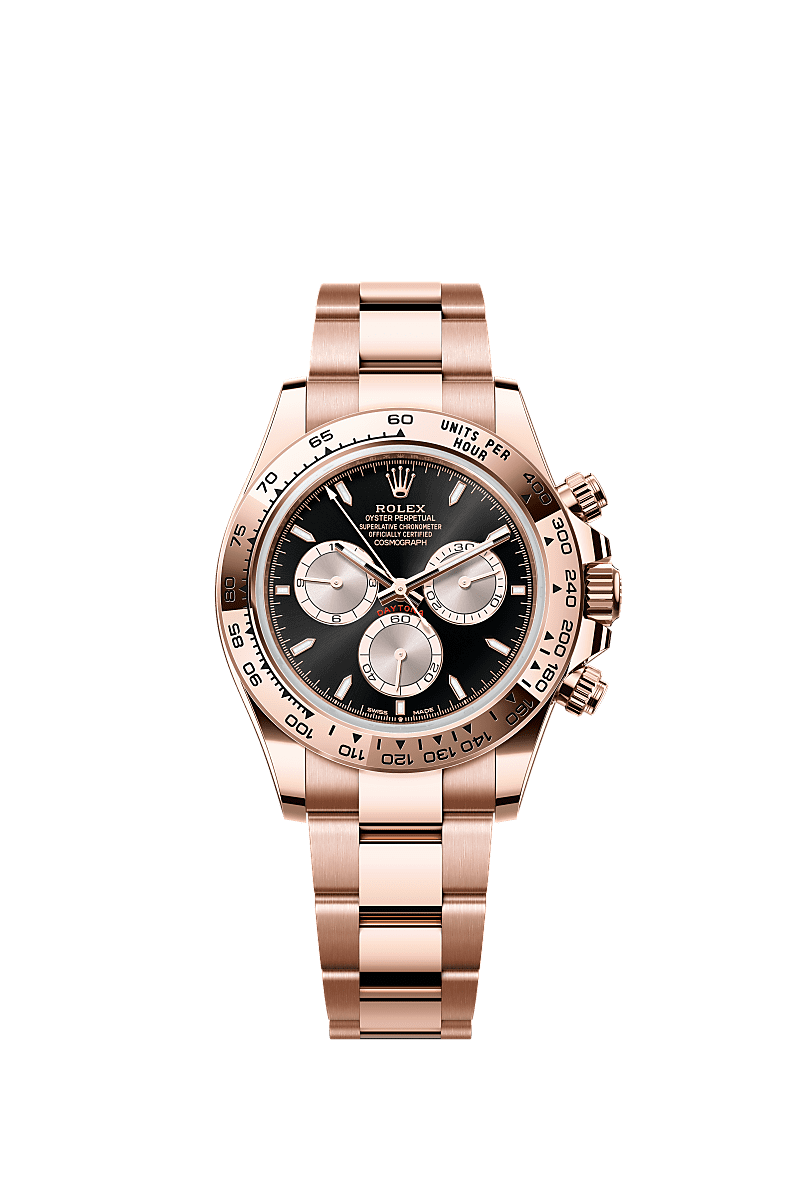 Cosmograph Daytona, Oyster, 40 มม., Everose gold, หน้าปัด : หน้าปัดสีดำสว่างและซันดัสต์, Rolex
