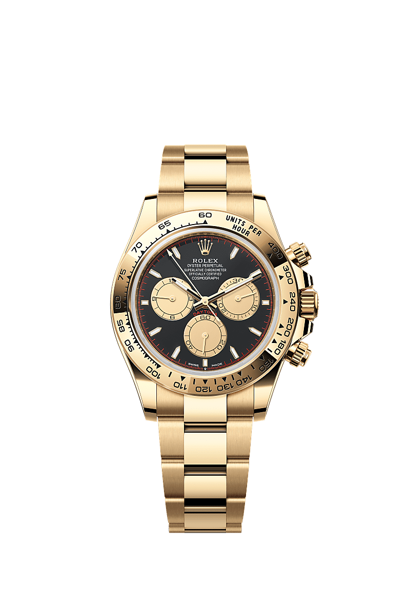 Cosmograph Daytona, Oyster, 40 mm, emas kuning, Permukaan : Hitam terang dan warna champagne, Rolex