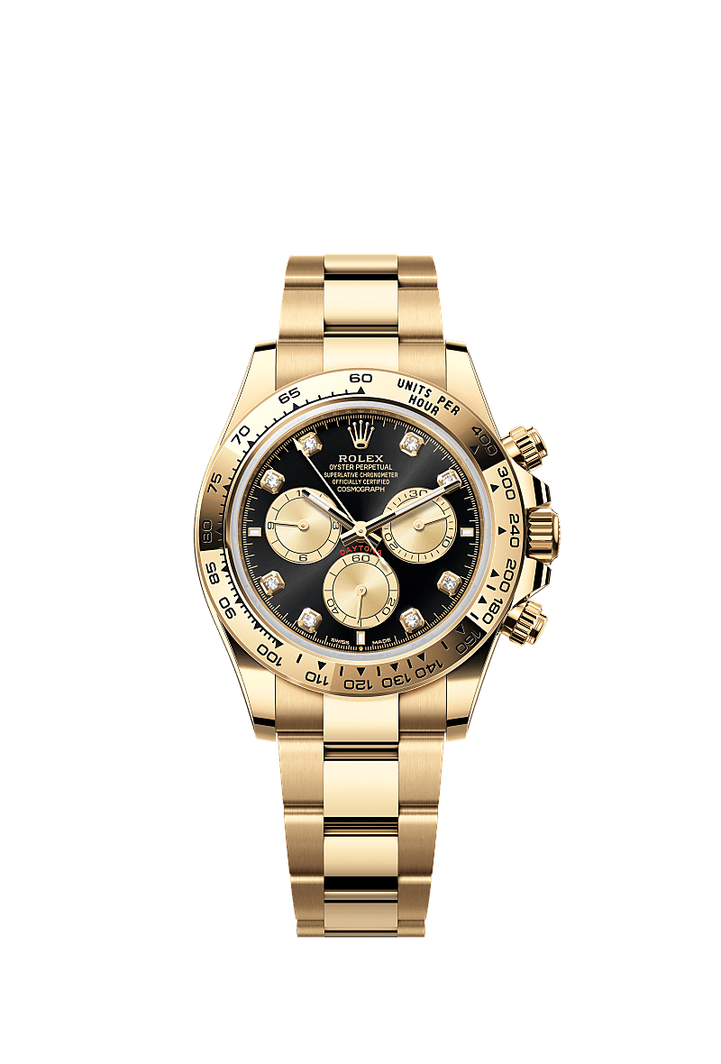 Cosmograph Daytona, Oyster, 40 มม., ทองคำ, หน้าปัด : สีดำสว่างและทองประดับด้วยเพชร, Rolex