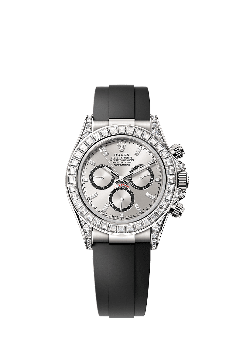 Cosmograph Daytona, Oyster, 40 мм, белое золото и бриллианты, Циферблат : Стального цвета, ослепительно-черные круглые счетчики, бриллианты, Rolex