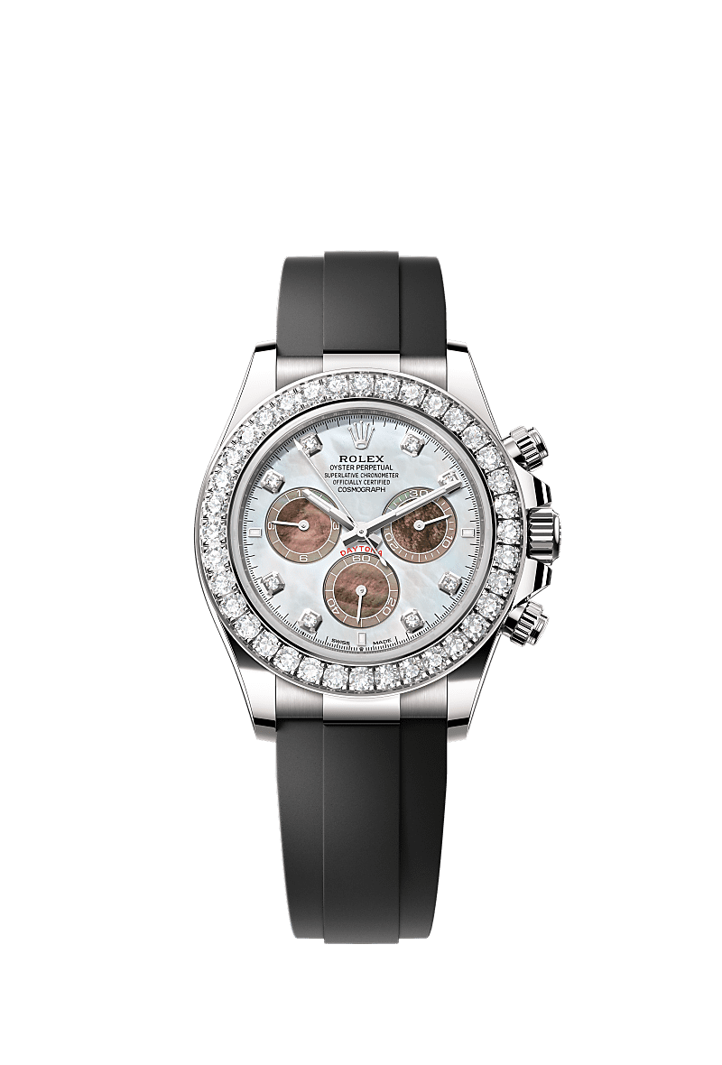 Cosmograph Daytona, Oyster, 40 mm, emas putih dan berlian, Permukaan : Indung mutiara hitam dan putih bertatahkan berlian, Rolex