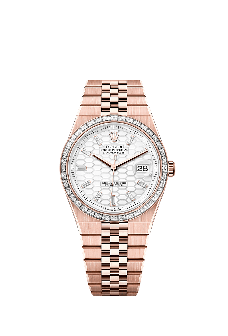 Land-Dweller 40, Oyster, 40 mm, Everose gold and diamonds, Dial : Intense white, honeycomb motif set with diamonds, Rolex