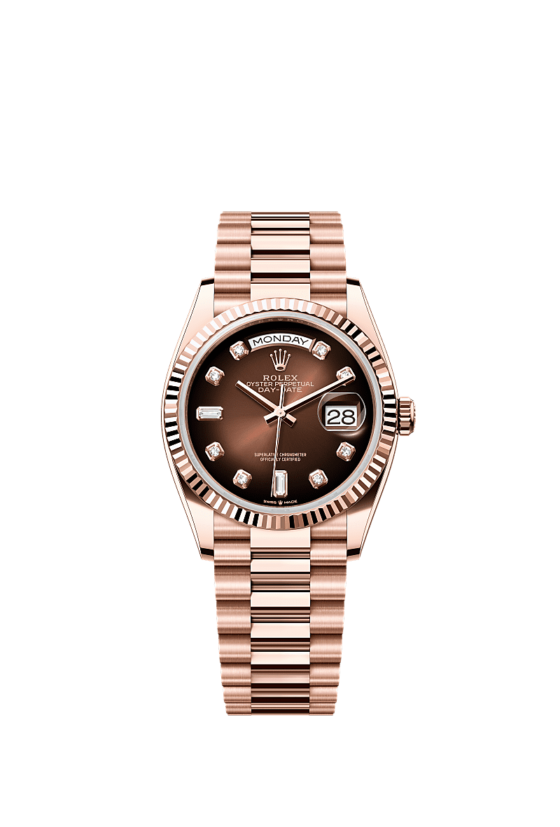Day-Date 36, Oyster, 36 mm, emas Everose, Permukaan : Ombre perang dipasangkan dengan berlian, Rolex