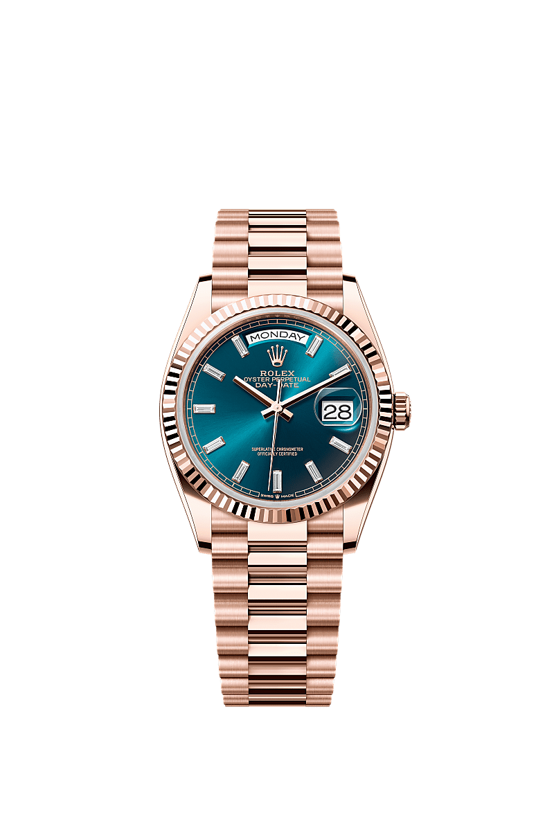 Day-Date 36, Oyster, 36 mm, ouro Everose, Mostrador : Azul-esverdeado cravejado de diamantes, Rolex