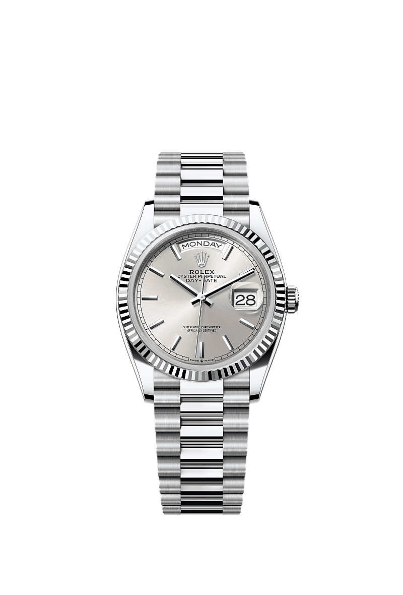 Day-Date 36, Oyster, 36 mm, platinum, Permukaan : Perak, Rolex