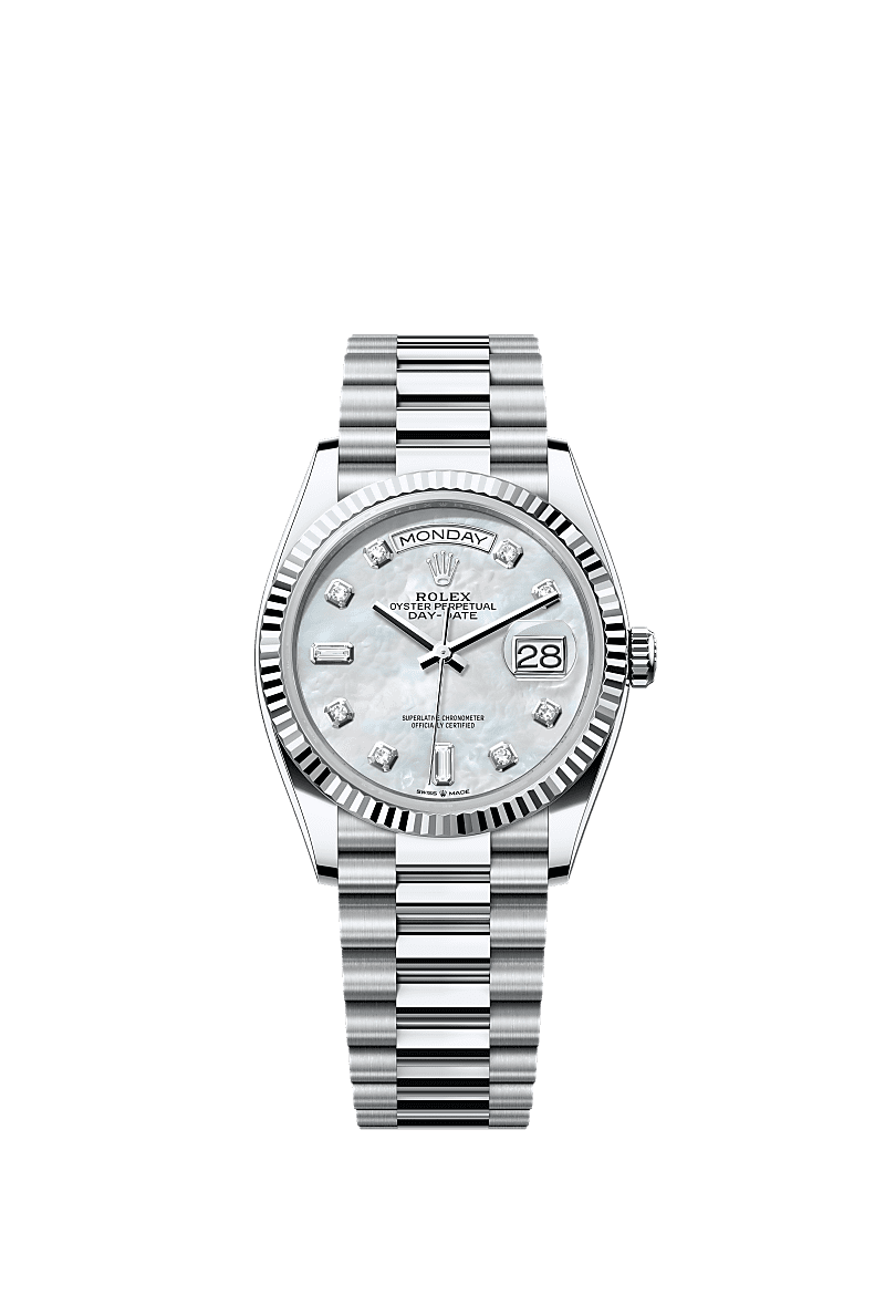 Day-Date 36, Oyster, 36 mm, platin, Kadran : Pırlantalı beyaz sedef, Rolex