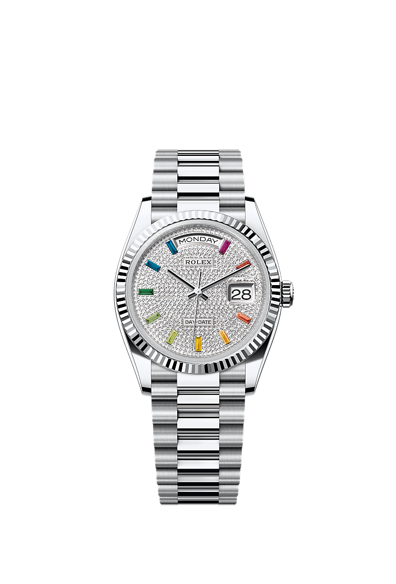 Day-Date 36, Oyster, 36 mm, Platin, Zifferblatt : Diamantpavé-Zifferblatt, Rolex
