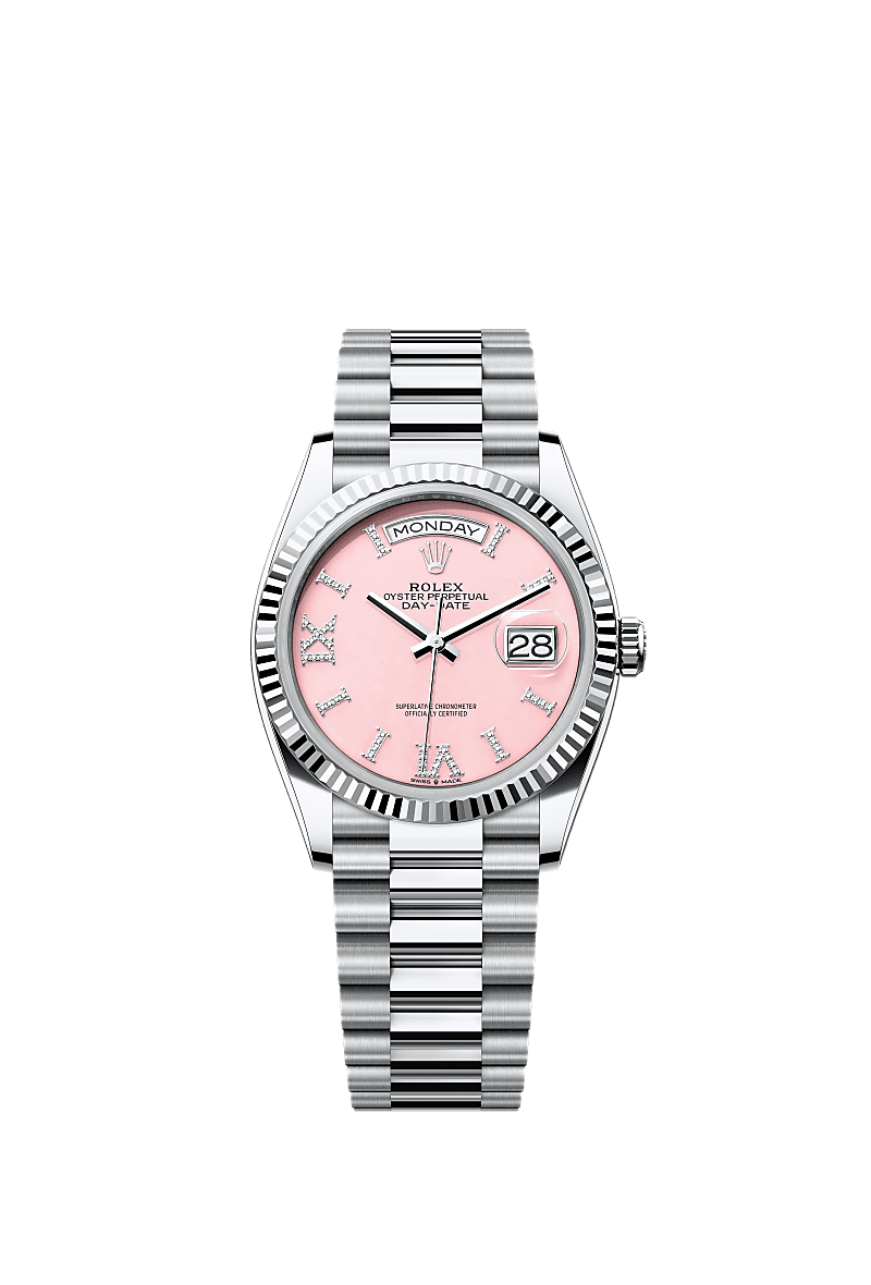 Day-Date 36, Oyster, 36 mm, platinum, Dial : Pink opal set with diamonds, Rolex