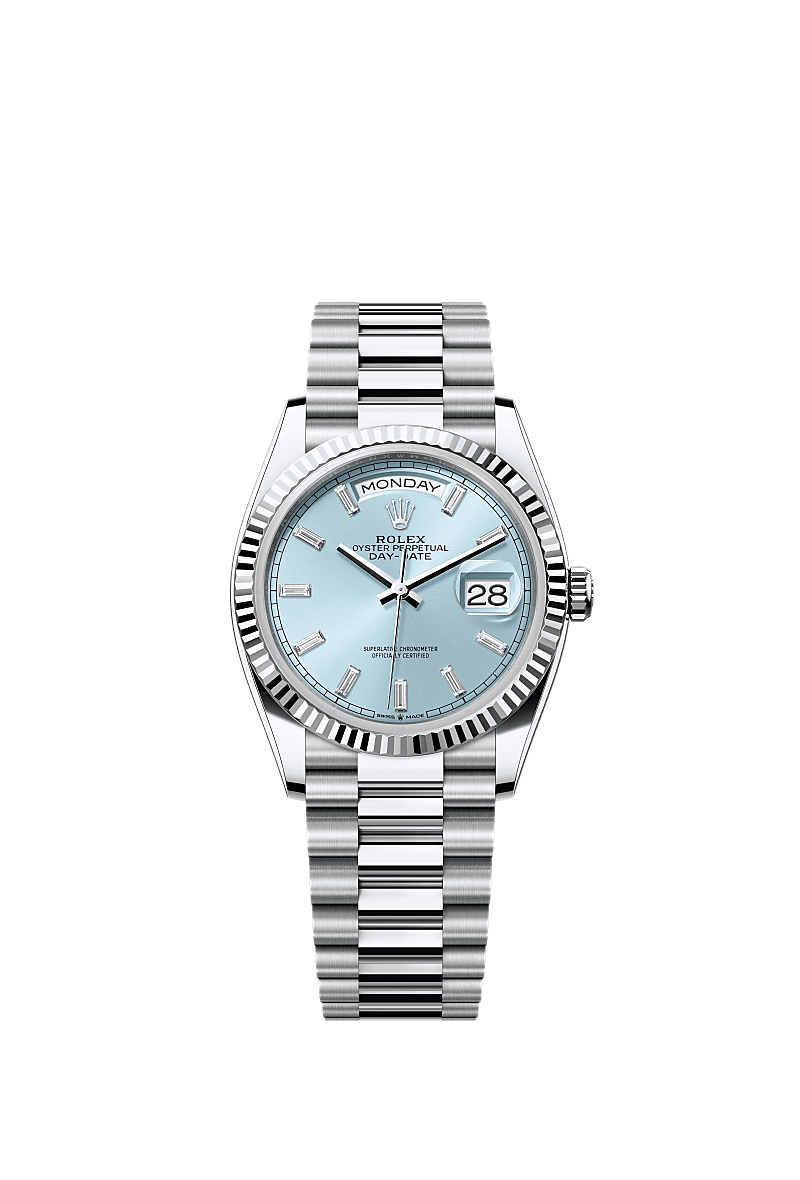 Day-Date 36, Oyster, 36 mm, platinum, Dial : Ice blue set with diamonds, Rolex