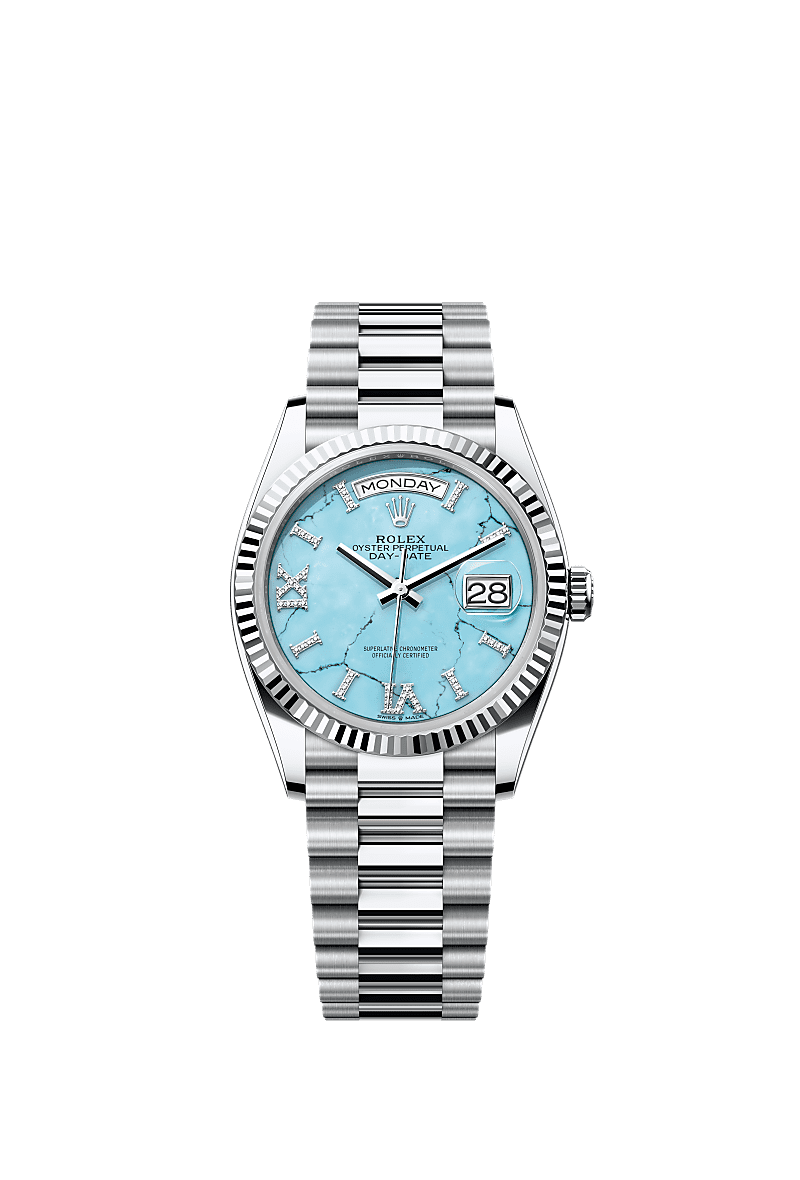 Day-Date 36, Oyster, 36 mm, platinum, Dial : Turquoise set with diamonds, Rolex