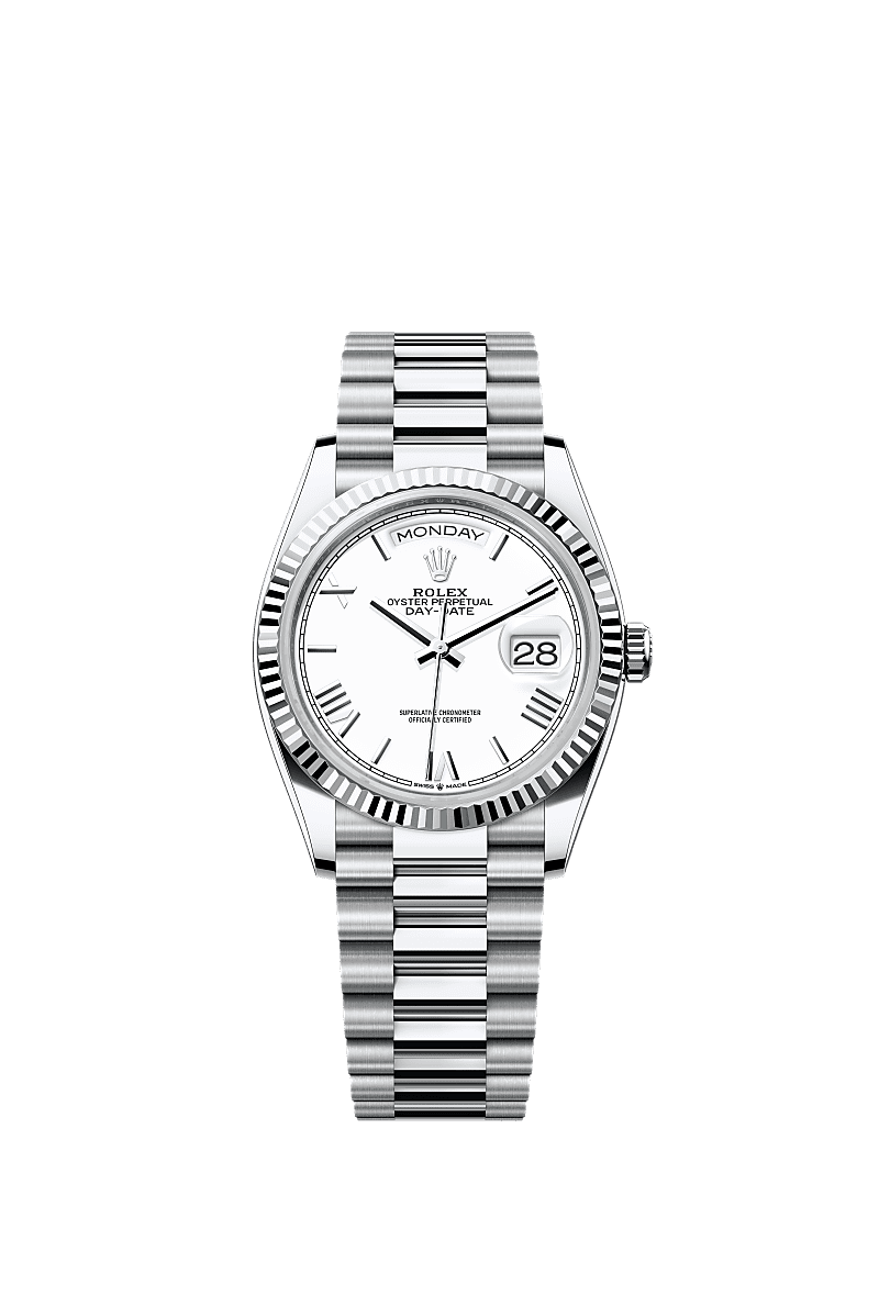 星期日历型 36, 蚝式,36毫米,铂金, 表盘 : 白色, Rolex