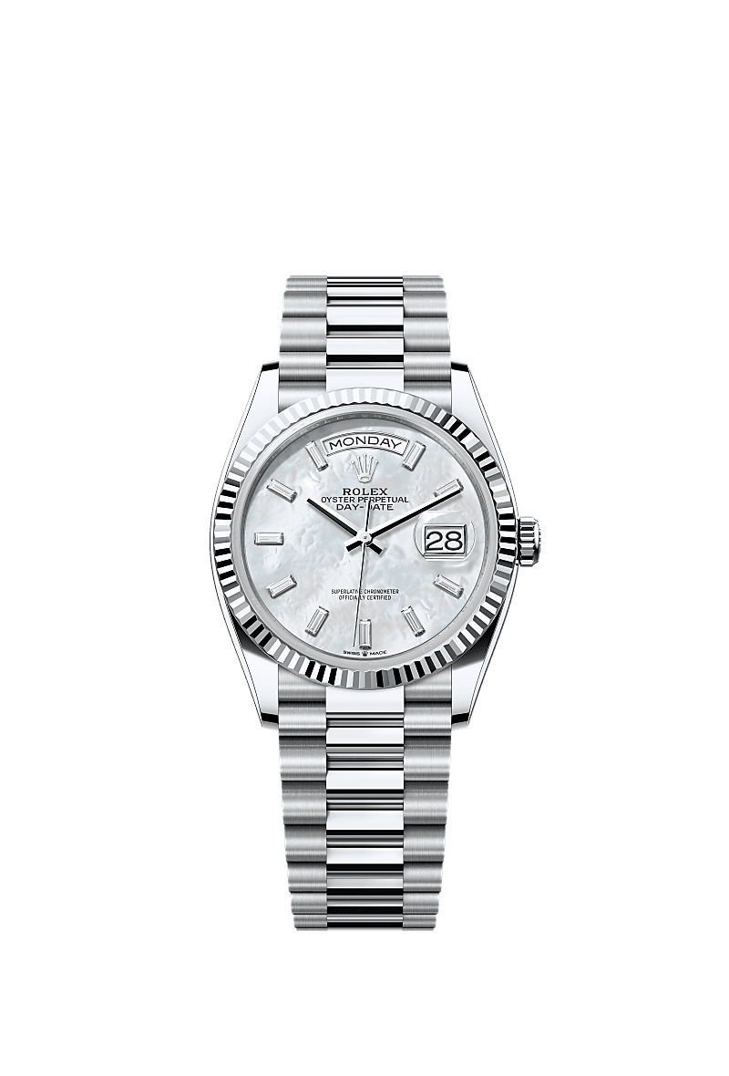 Day-Date 36, Oyster, 36 mm, platinum, Permukaan : Indung mutiara putih bertatahkan berlian, Rolex