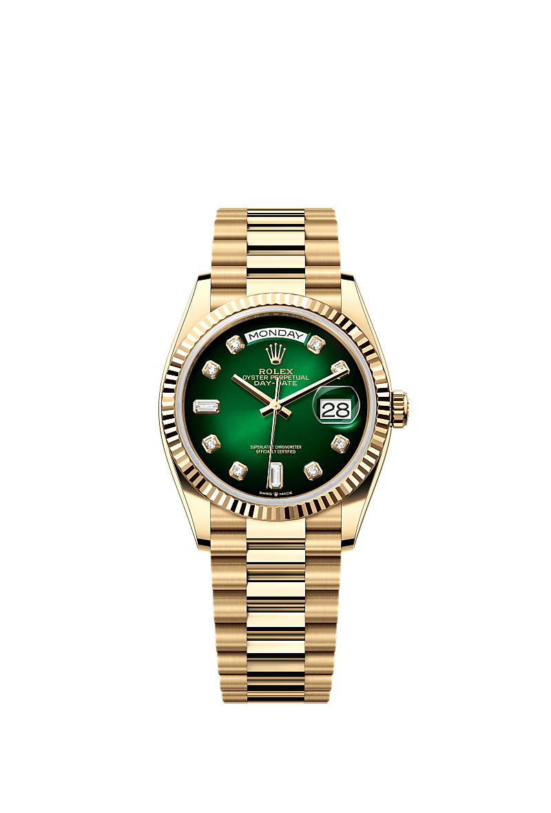 デイデイト 36, オイスター、36 mm、イエローゴールド, ダイアル : ダイヤモンド入りグリーンオンブレ, Rolex