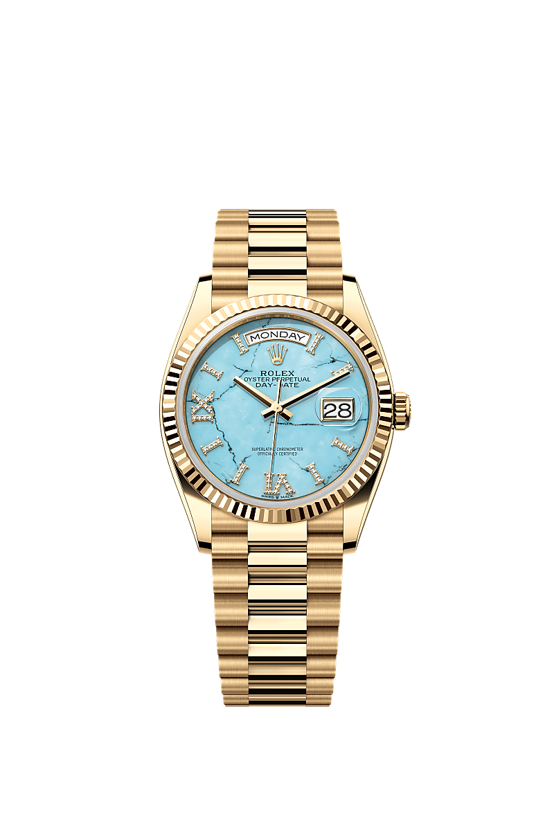 星期日历型 36, 蚝式,36毫米,黄金, 表盘 : 绿松石,镶钻石, Rolex