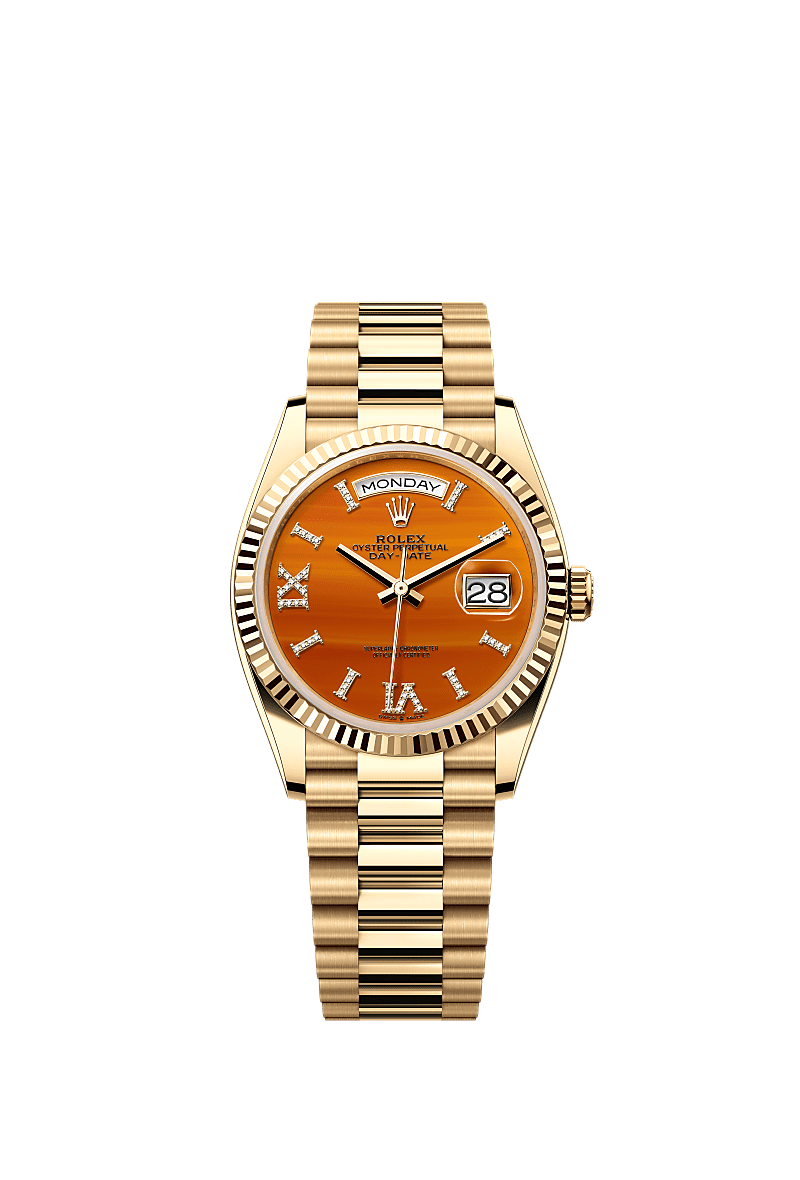 星期日历型 36, 蚝式,36毫米,黄金, 表盘 : 红玉髓,镶钻石, Rolex