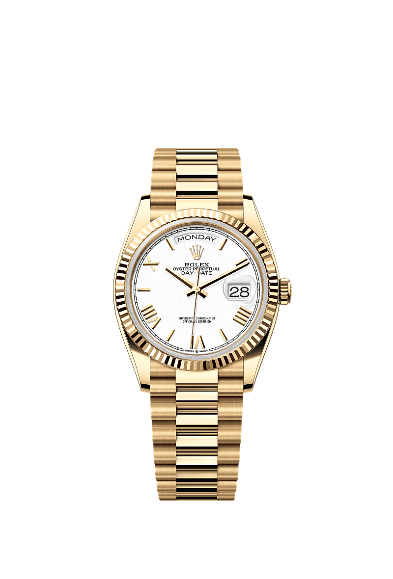 डे-डेट 36, ऑयस्टर, 36 मिमी, येलो गोल्ड, डायल : सफेद, Rolex