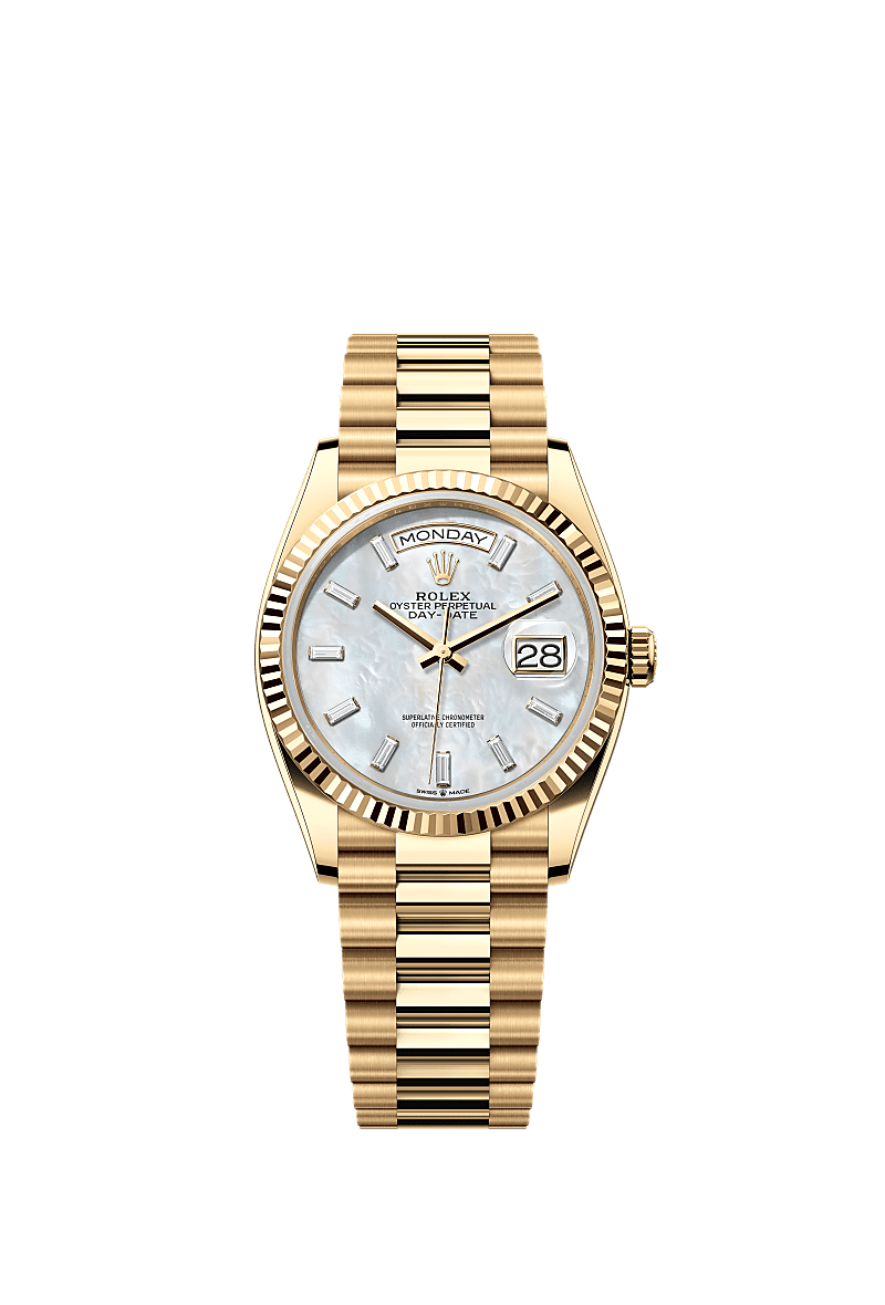 デイデイト 36, オイスター、36 mm、イエローゴールド, ダイアル : ダイヤモンド入りホワイトマザーオブパール, Rolex