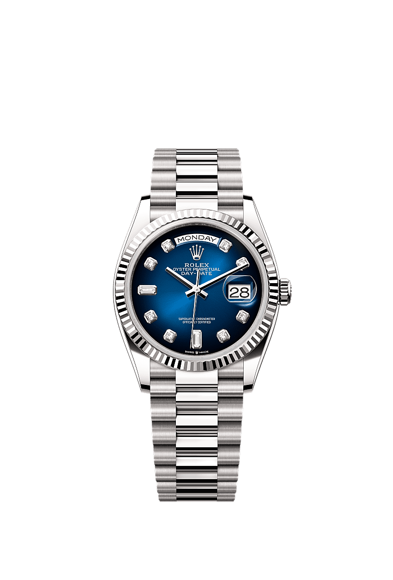 Day-Date 36, Oyster, 36 mm, white gold, Dial : Blue ombré set with diamonds, Rolex
