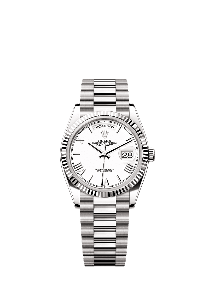 Day-Date 36, Oyster, 36 mm, emas putih, Permukaan : Putih, Rolex