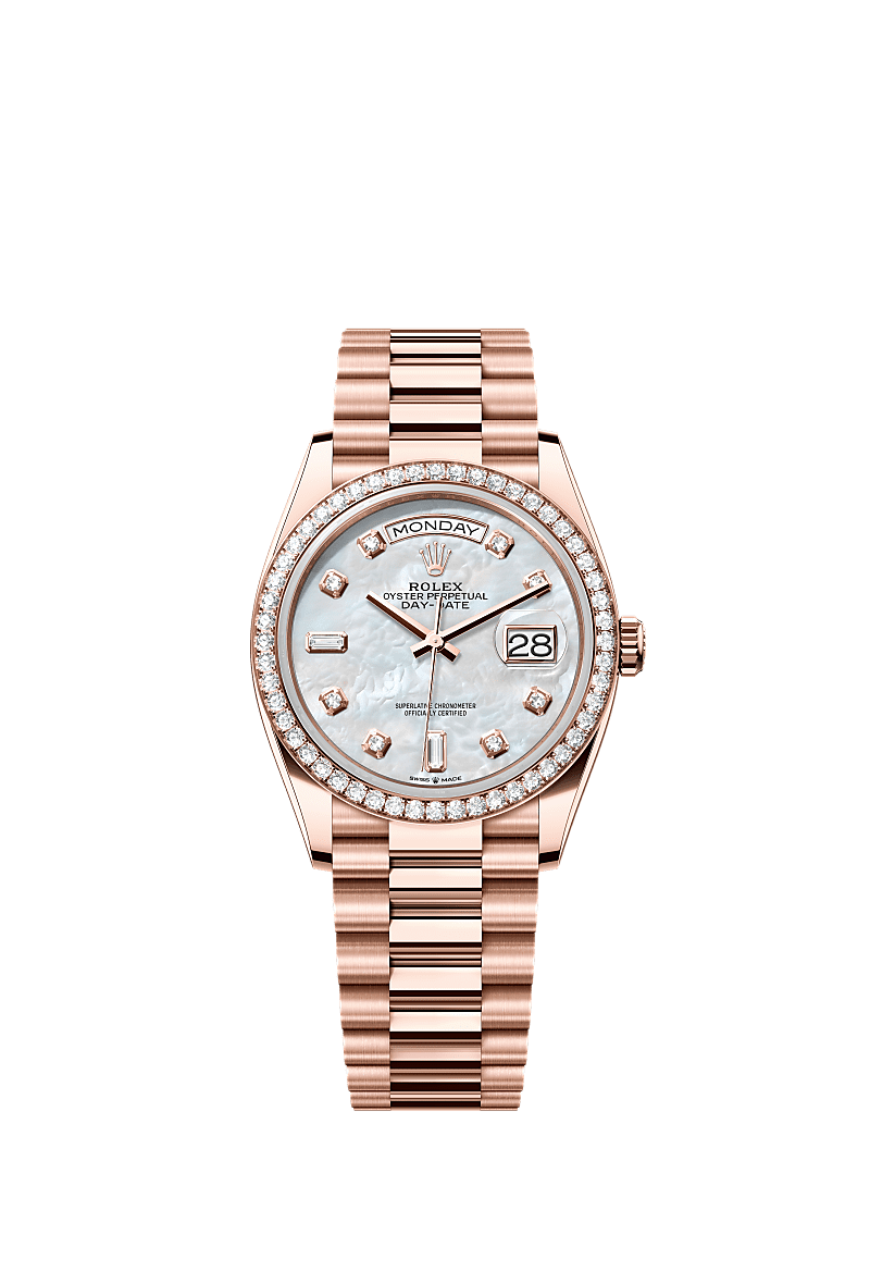 Day-Date 36, Oyster, 36 mm, Everose altın ve pırlanta, Kadran : Pırlantalı beyaz sedef, Rolex