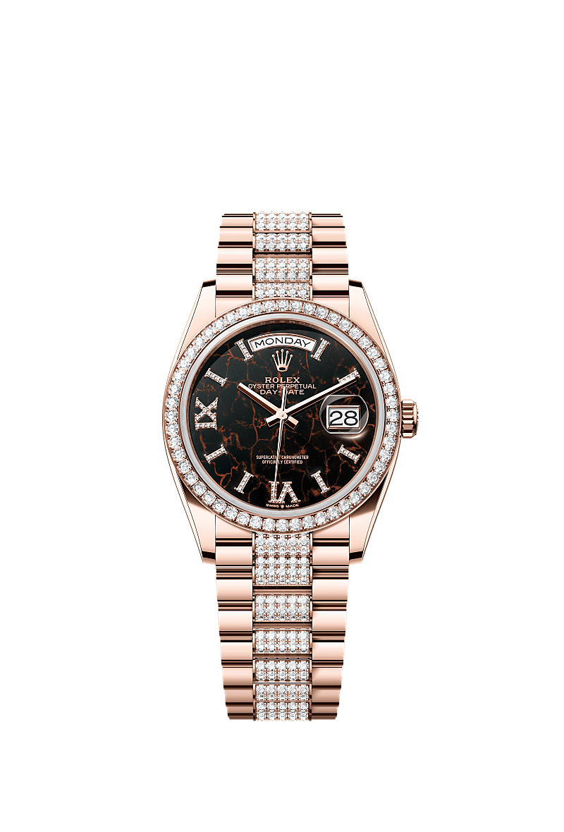 Day-Date 36, Oyster, 36 mm, Everose-goud en diamanten, Wijzerplaat : Eisenkiesel bezet met diamanten, Rolex