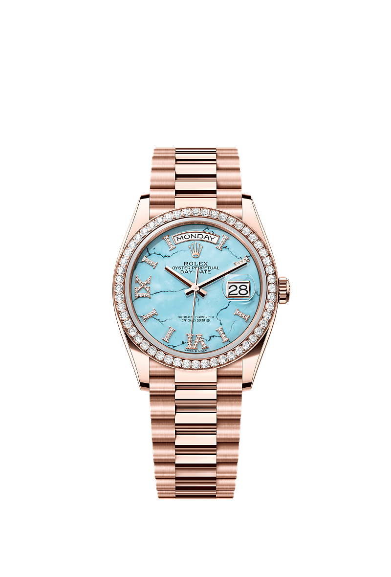 Day-Date 36, Oyster, 36 mm, oro Everose y diamantes, Esfera : Turquesa engastada de diamantes, Rolex