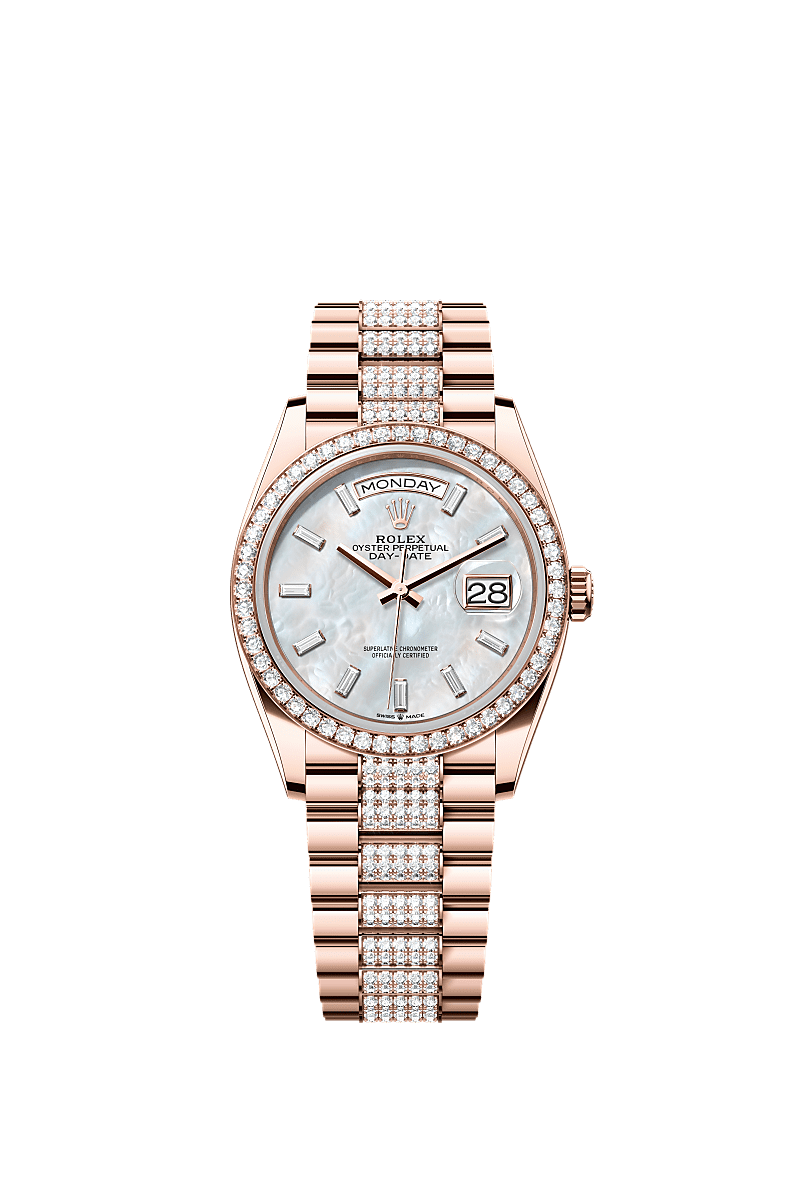 Day-Date 36, Oyster, 36 mm, ouro Everose e diamantes, Mostrador : Madrepérola branca cravejado de diamantes, Rolex