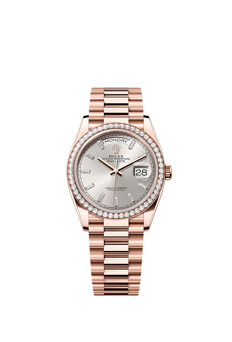 Day-Date 36, Oyster, 36 mm, Everose-goud en diamanten, Wijzerplaat : Zilverkleurig bezet met diamanten, Rolex