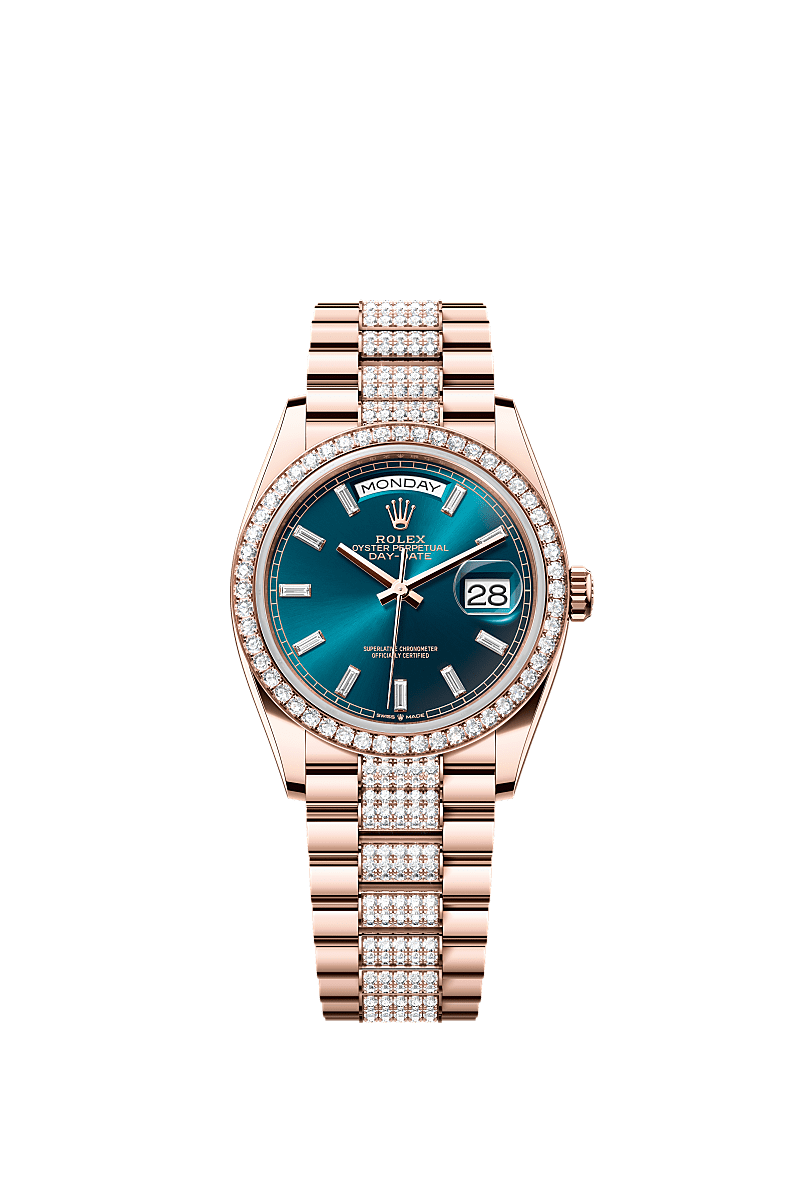 Day-Date 36, Oyster, 36 mm, Everose-goud en diamanten, Wijzerplaat : Blauwgroen, bezet met diamanten, Rolex