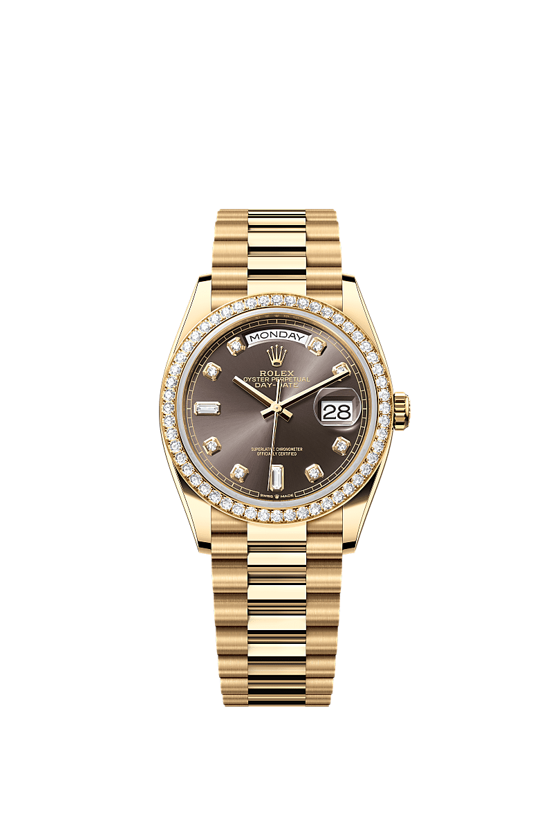 Day-Date 36, Oyster, 36 mm, geelgoud en diamanten, Wijzerplaat : Donkergrijs bezet met diamanten, Rolex