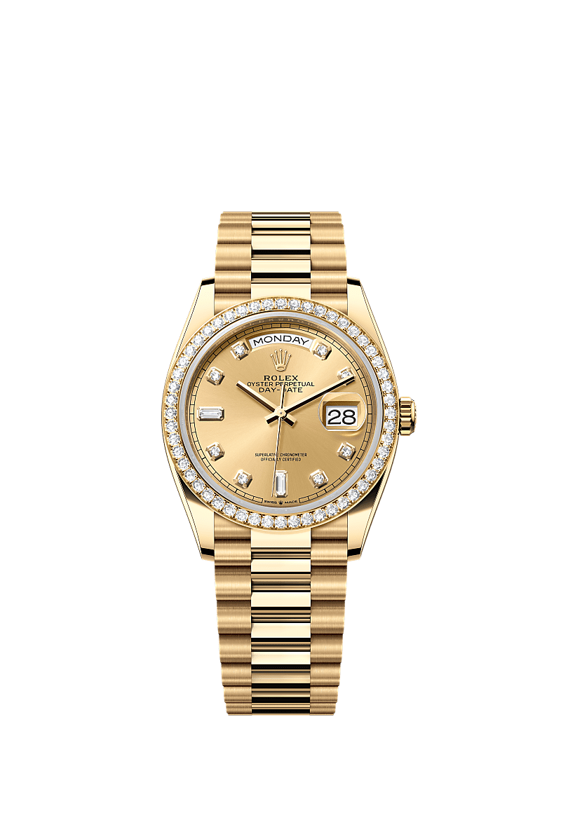 Day-Date 36, 蠔式,36毫米,鑽石及黃金, 錶面 : 香檳色,鑲鑽石, Rolex