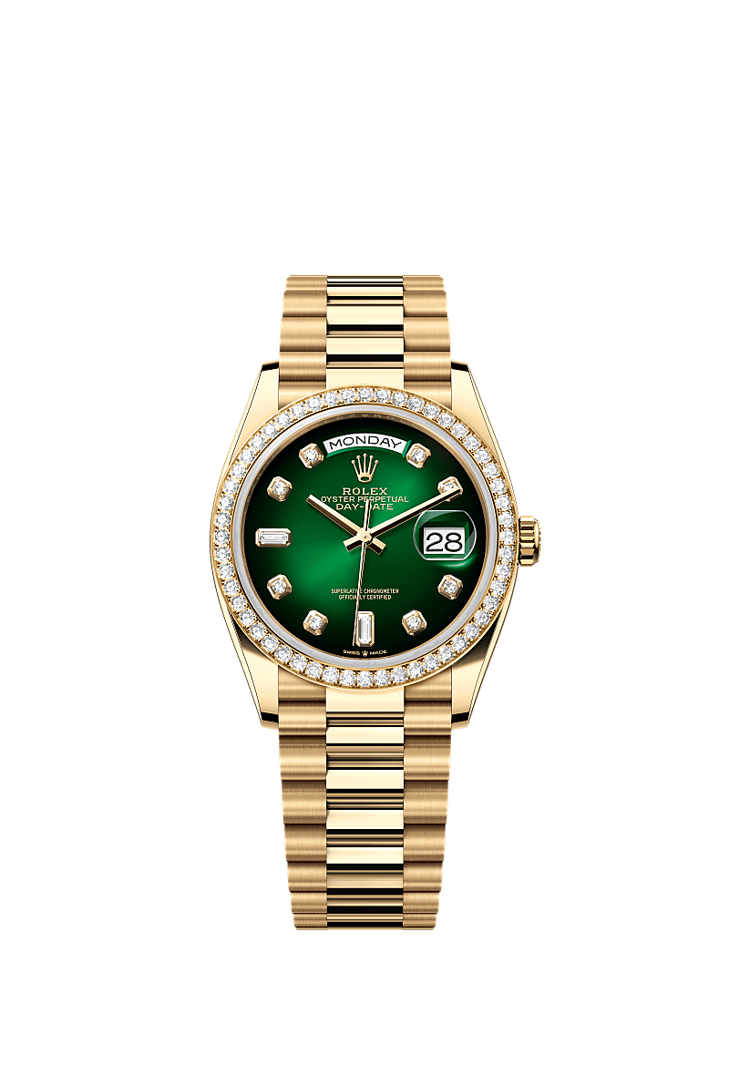 星期日历型 36, 蚝式，36毫米，钻石及黄金, 表盘 : 渐变绿色，镶钻石, Rolex