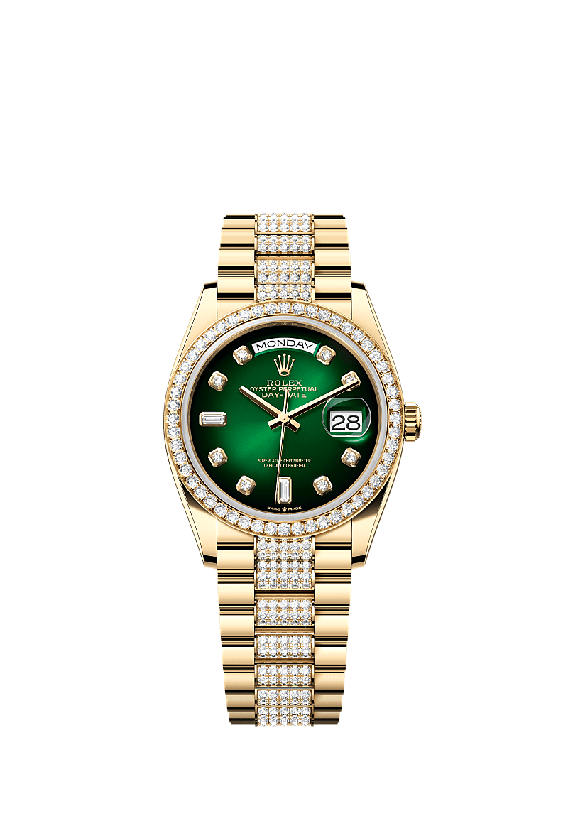 Day-Date 36, Oyster, 36 mm, geelgoud en diamanten, Wijzerplaat : Schaduwgroen bezet met diamanten, Rolex