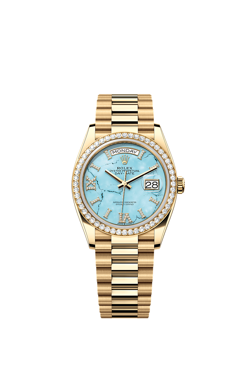 デイデイト 36, オイスター、36 mm、イエローゴールド、ダイヤモンド, ダイアル : ダイヤモンド入りターコイズ, Rolex