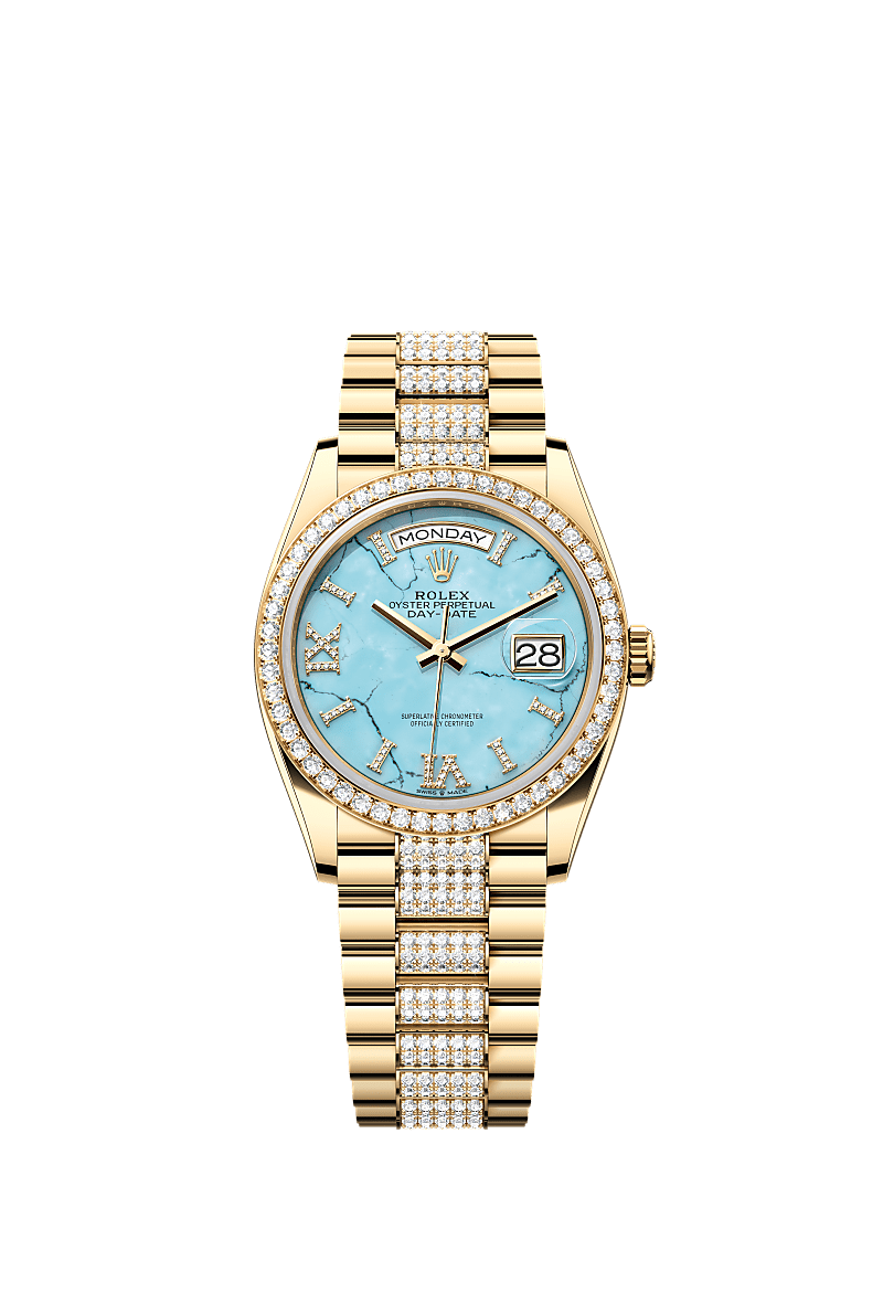 Day-Date 36, Oyster, 36 mm, geelgoud en diamanten, Wijzerplaat : Turkoois, bezet met diamanten, Rolex